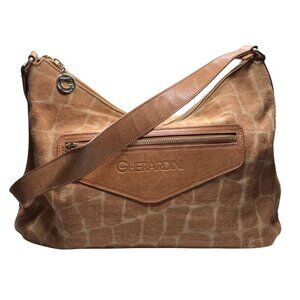 GHERARDINI TAN BEIGE GIRAFFE ANIMAL PRINT CANVAS LEATHER COMBO SHOULDER BAG - OS